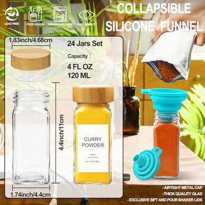 Glass Spice Jars with Bamboo Lid & 398 Label for Cabinet & Drawer Organizer