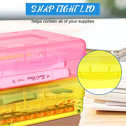 Fainne 12 Pcs Plastic Pencil Box Large Crayon Box Pencil Case with Snap Closure Lids Multi Purpose Clear Plastic Storage Organizer for School Office Supplies, 4 Colors(Bright Colors)