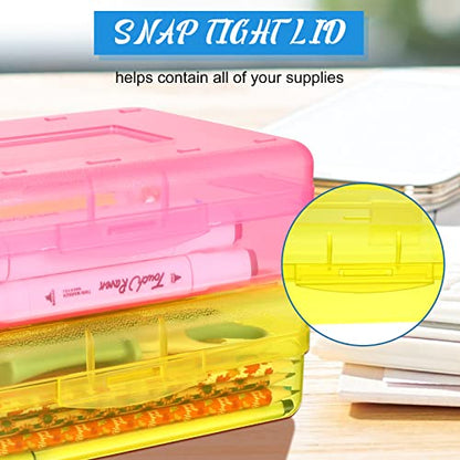Fainne 12 Pcs Plastic Pencil Box Large Crayon Box Pencil Case with Snap Closure Lids Multi Purpose Clear Plastic Storage Organizer for School Office Supplies, 4 Colors(Bright Colors)