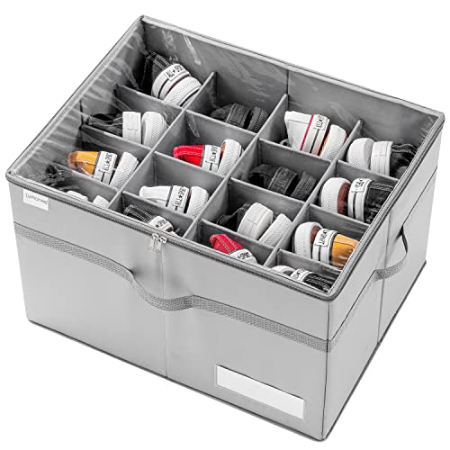 Shoe Organizer for Closet, Fits 16 Pairs, Large Shoe Box Storage Containers, Clear Foldable Shoe Storage Bins w/Bottom Support, Space Saving Shoes Holder w/Reinforced Handles, Gray