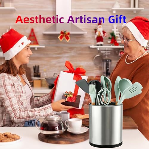 Kitchen Utensil Holder,Extra Large 360°Rotating For Countertop Organizer | Stainless Steel Storage,Hold 40 Utensils,Cooking Silverware Caddy 3 Compartment Spoon Spatula Tool Container（Silvery）