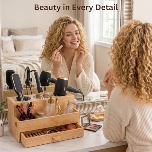 Hair Tool Organizer, Wooden | Bathroom Countertop, Heat-Safe Stainless Steel Cups, Professional Bamboo Styling Station