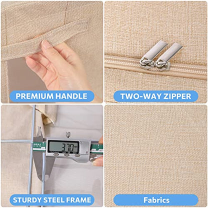 CYhom 3Pack Foldable Storage Bins - Frame Storage Box Linen Fabric Stackable Clothes Container Organizer with Clear Window & Carry Handles Large Capacity (Small-22L, Beige)
