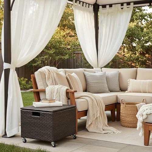 BIRDROCK HOME Rattan Rolling Storage Box with Lid and Wheels – Decorative Outdoor Deck Box for Patio, Balcony, Poolside – Woven File Organizer for Letter or Legal Files, Blankets or Towels (Espresso)