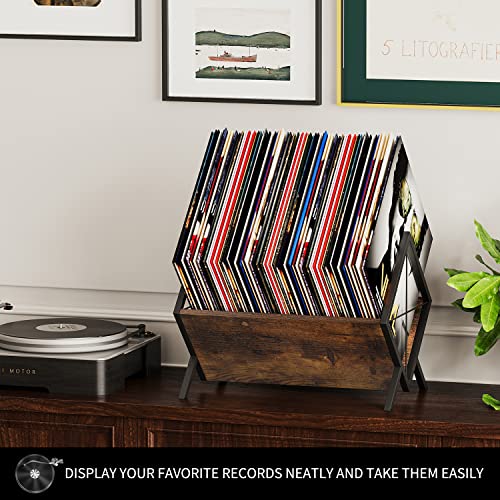 Vinyl Record Holder, 80-100 LP Vinyl Record Storage Rack, Quick Assembly Vinyl Record Display, Retro Style Organizer for Magazine, Book, Files, Albums (Rustic Brown, 1 Tier)