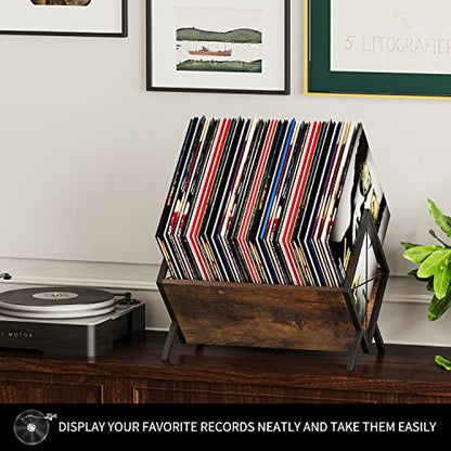 Vinyl Record Holder, 80-100 LP Vinyl Record Storage Rack, Quick Assembly Vinyl Record Display, Retro Style Organizer for Magazine, Book, Files, Albums (Rustic Brown, 1 Tier)