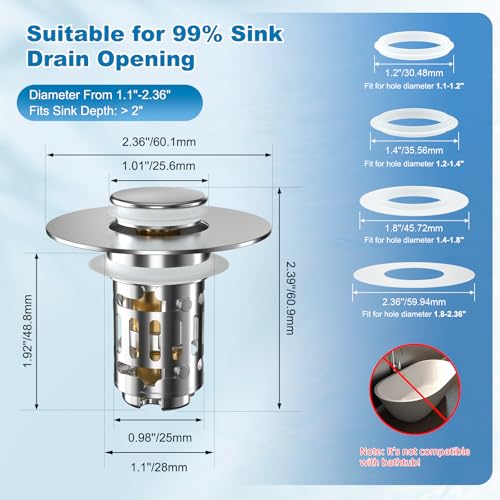 Hibbent 2 Pack Universal Bathroom Sink Drain Strainer, 3 in 1 Pop Up Stopper with Removable Stainless Steel Filter Basket, Brass Bullet Core, Hair Catcher Sink Plug for 1.1''~2.36'' Hole, Chrome