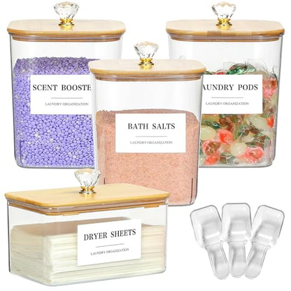 4 Pack Clear Laundry Pods Container & Dryer Sheet Holder Set with Lid, Laundry Containers with Scoops & Labels, Laundry Room Organization and Storage for Laundry Detergent, Pods, Powder, Beads