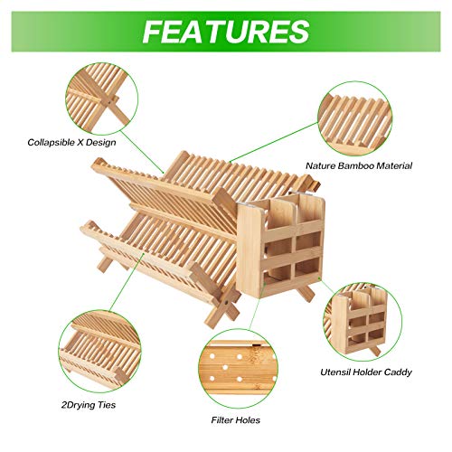 Bamboo Dish Drying Rack-2 Tier, Collapsible Small Dish Rack with Utensil Holder, Wooden Drying Rack for Kitchen Counter, Apartment Essentials Kitchen Plate Holder Organization 34 pcs Grid
