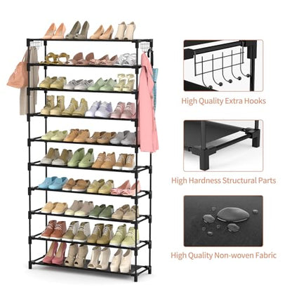 10 Tiers Shoe Rack 50 Pairs Large Capacity Tall Shoe Organizer Sturdy Shoe Storage with Two Hooks Space Saving Metal Wide Shoe Rack for Closet, Entryway, Bedroom, Black