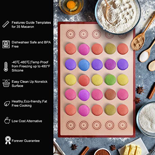 Macaron Silicone Baking Mats Kit (16pcs set) Macaroon Baking Mat Set of 2 Half Sheet Macaron Silicone Mat Nonstick Macaron Mat Sheet,6 Piping Tip,2 Piping Bag with 3 Bag Tie,2 coupler