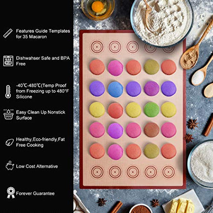 Macaron Silicone Baking Mats Kit (16pcs set) Macaroon Baking Mat Set of 2 Half Sheet Macaron Silicone Mat Nonstick Macaron Mat Sheet,6 Piping Tip,2 Piping Bag with 3 Bag Tie,2 coupler