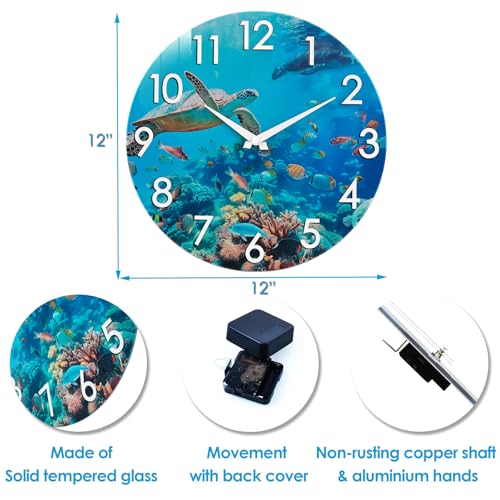 Crosstime 12 Inch Outdoor Clock – Waterproof Tempered Glass with Sea Turtle & Marine Life Theme, UV Resistant, Silent Nautical Coastal Decor Wall Clock for Patio, Pool, Garden, Backyard, Bathroom
