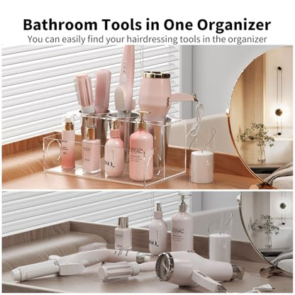 NIUBEE Acrylic Hair Tool Organizer,Hair Dryer Holder Countertop with 3 Cups | Clear, Hot Tools Organizer, Hair Blow Dryer Organizer for Curling Iron, Brush, Straightener, Makeup,Skincare,Vanity, Bathroom