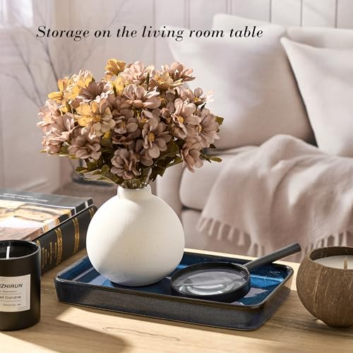 10"×6"×1" Bathroom Vanity Tray for Countertop- Ceramic Decorative Organizer Tray for Dresser Tops, Toilet, Perfume, Sponge Holder Soap Dish Dispenser for Kitchen Counter- Kiln-Transformed Blue
