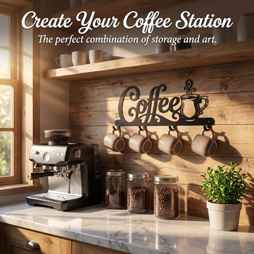 Coffee Mug Holder Wall Mount with 4 Hooks, 16.93 Inch Metal Coffee Bar Decor Sign, Heavy Duty Iron Cup Rack Hanger for Kitchen, Cafe and Home Organization, Matte Black（16.93"L x 6.69"H x 0.98"W)