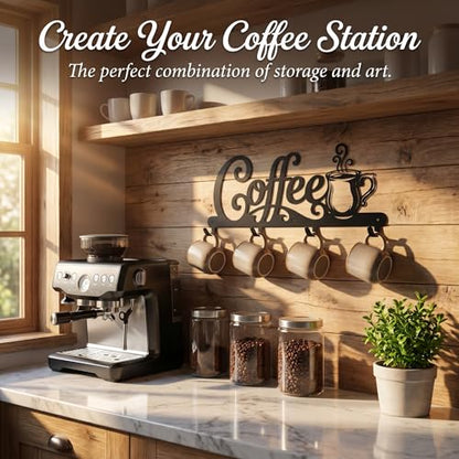 Coffee Mug Holder Wall Mount with 4 Hooks, 16.93 Inch Metal Coffee Bar Decor Sign, Heavy Duty Iron Cup Rack Hanger for Kitchen, Cafe and Home Organization, Matte Black（16.93"L x 6.69"H x 0.98"W)