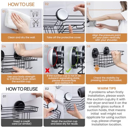Shower Caddy Suction Cup, 2 Pack Suction Shower Shelf With Hooks | Black Shower Caddies, Soap holder, NO-Drilling Bathroom Holder, Rustproof bathroom organizer