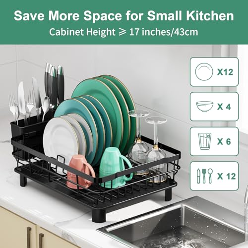 Dish Drying Rack with Drainboard for Kitchen Counter, Black | 13×17 Large Capacity/Rustproof Stainless Steel/Fast Drainage Dish Drainer/Removable Utensil Holder/Kitchen Counter Organizer