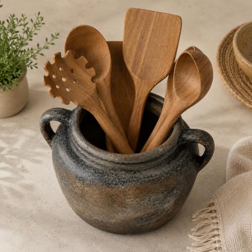 Rustic Utensil Holder for Kitchen Counter - Vintage Utensil Crock | 9.4" x 6.3" Wide Opening Ceramic Organizer, Handcraft Pottery Farmhouse Decor