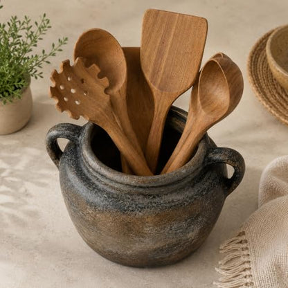 Rustic Utensil Holder for Kitchen Counter - Vintage Utensil Crock | 9.4" x 6.3" Wide Opening Ceramic Organizer, Handcraft Pottery Farmhouse Decor