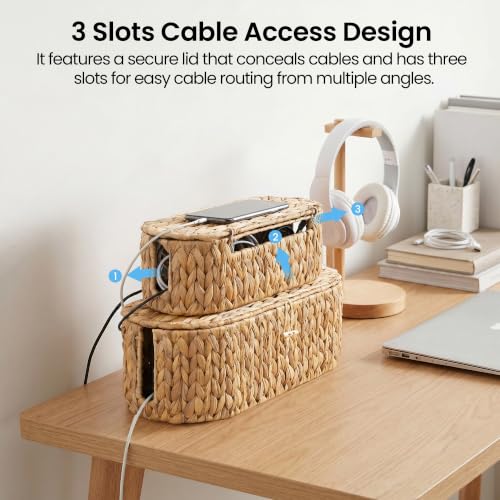 Set of 2 Cable Management Box, Handwoven Cord Hider Box with 3 Open Slots | Cable Organizer Box with Lockable Lid, Cord Storage Box to Hide Power Strip, Router, USB Hub, TV Wires for Home, Office
