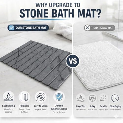Stone Bath Mat | Foldable Diatomaceous Earth Bath Mat | Marble Print Shower Mat | Super Absorbent Diatomite | Quick Dry | Non-Slip | Bathroom Floor Mat | Easy to Clean | Compact to Store | Mold Free