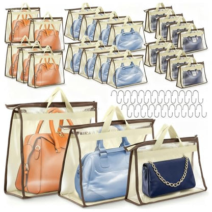 Chumia 24 Pack Dust Bags for Handbags with 25 Stainless Steel S Shape Hooks, 3 Assorted Sizes Dust Cover Bags Damp Proof Purse Storage Handbags with Zippers and Handles for Closet Hanging