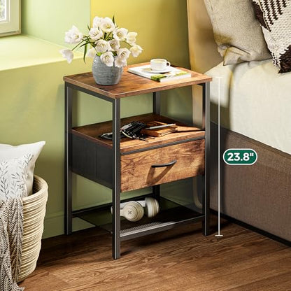 Huuger Nightstand Set of 2, Night Stand with Fabric Drawer, Mesh Shelf, Side Table with Storage, Fabric Drawer Dresser, Open Shelf, Metal Frame, Bedroom, Rustic Brown