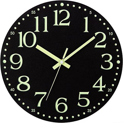 Wall Clock Glow in the Dark Clocks Battery Operated Silent 12 Inch | Black Wood Wall Clock Non-Ticking Analog Luminous Clock for Living Room Bedroom Office Kitchen Classroom Bathroom