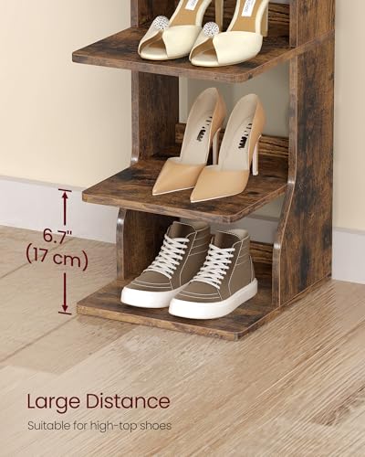 VASAGLE 7-Tier Vertical Shoe Rack, Narrow Shoe Storage Organizer with Hooks, Slim Corner Tower Shelf, Space-Saving for Entryway and Bedroom, Rustic Brown ULBS200KD01