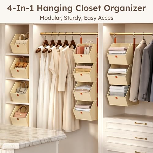Hanging Closet Organizer 4 Tier - Clothes Hanging Shelves, Space-Saving Closet System, Fabric Storage Bins Bedroom Organization, Collapsible Baskets for Home, Dorm, Rv, Beige