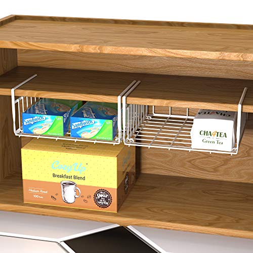 Simple Houseware 2-Pack Under Shelf Wire Metal Basket Shelf, White | Space-Saving Storage Organizer for Kitchen, Pantry, Closet, Office, No Tools Required