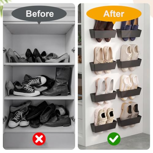 Novabright 8 Pack Wall Mounted Shoes Rack Storage with Sticky Strips Plastic Hanging Shoes Holder Organizer for Entryway Closet Bathroom Door RV Camper Sandals Sneakers Slippers, Black
