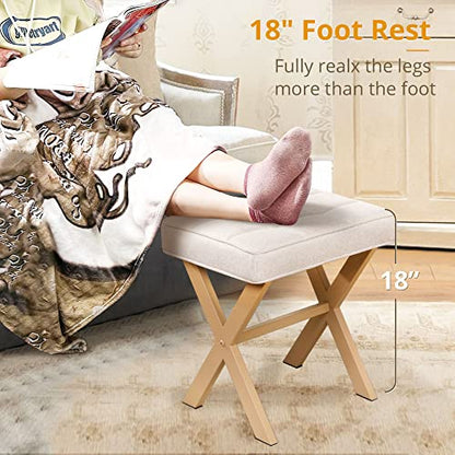 LUE BONA Square Linen Makeup Stool, Metal X Legs, Small Ottoman Stool Chair for Vanity, Modern Padded Seat Foot Rest for Makeup Room, Bathroom