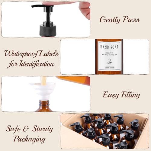 12 Pack 8oz Amber Glass Bottles with Pump Dispensers | Refillable Soap Dispensers for Shampoo, Conditioner, Lotion & Body Wash, Bathroom & Kitchen, Includes 2 Funnels & 12 Labels