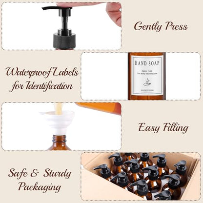 12 Pack 8oz Amber Glass Bottles with Pump Dispensers | Refillable Soap Dispensers for Shampoo, Conditioner, Lotion & Body Wash, Bathroom & Kitchen, Includes 2 Funnels & 12 Labels