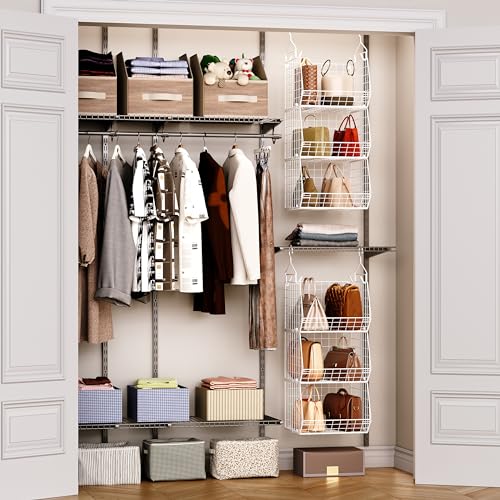 X-cosrack 3 Tier Foldable Closet Organizer, Clothes Shelves with 5 S Hooks, Wall Mount&Cabinet Wire Storage Basket Bins, for Clothing Sweaters Shoes Handbags Clutches Accessories-White Patent Design