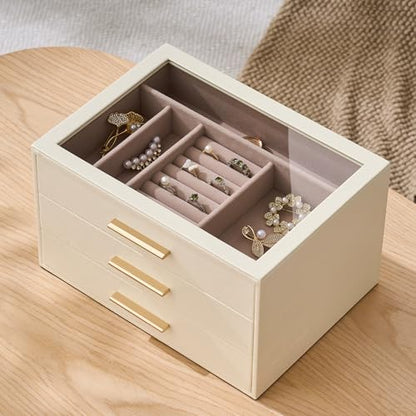 Jewelry Box Organizer Storage Case, 3-Layer with Glass Window, White | Ivory Leather with Pink Velvet, Holder for Ring Necklace Bracelet Brooch Watch, Great Gift for Her