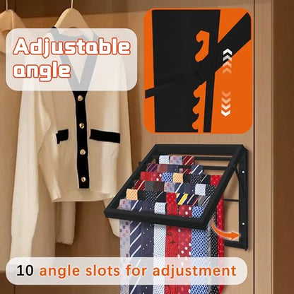 Tie Rack Wall Mounted, Adjustable Angle Tie Organizer for 60 Ties & Scarves | Holds up to 60 Ties, 10 Angle Slots, Wall-Mounted Easy Installation, Long-Lasting Design