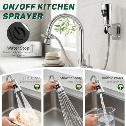 CECEFIN Kitchen Faucet Hose Attachment, 4-Mode ON/Off Spray Head w/Filter | 4.9Ft Stainless Steel Hose, Water Saving Aerator w/ 3-Way Diverter Valve, for Laundry/Bathroom Sink Hair Washing Pet Shower