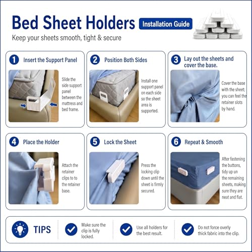 The Original Patented Fitted Sheet Holders - 4 Bed Sheet Grippers 10 Sheet Locks (8 + 2 Spares) Bed Sheet Holders For Corners, Clips, No Metal Corner Sheet Grippers Easily Say Goodbye To Loose Sheets