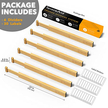 SpaceAid Bamboo Drawer Dividers with Labels, Kitchen Adjustable Drawer Organizers, Expandable Organization for Home, Office, Dressers and Bathroom, 6 Dividers (17-22 in)