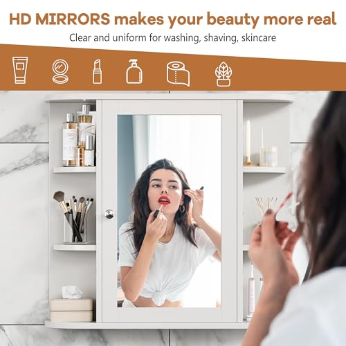 Bathroom Medicine Cabinet, Bathroom Mirror Cabinet Wall Mounted with 6 Side Open Shelves, White Wall Cabinet with Mirror, White