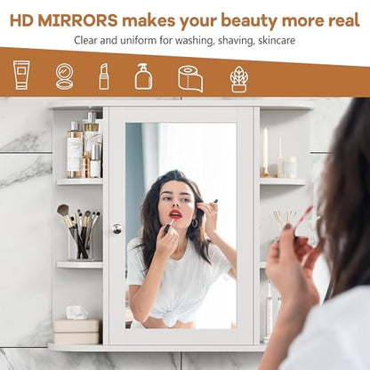 Bathroom Medicine Cabinet, Bathroom Mirror Cabinet Wall Mounted with 6 Side Open Shelves, White Wall Cabinet with Mirror, White