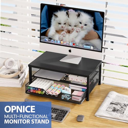 Computer Monitor Stand Riser, Desk Organizer with Drawer, Printer & Laptop Stand, Office Desk Accessories & Workspace Desktop Organizers Storage for Office Supplies(Black)