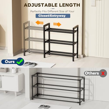 Mavivegue 18-33” Expandable Shoe Rack for Closet, 3-Tier Shoe Organizer, Adjustable Shoe Rack for Front Door Entrance, Entryway