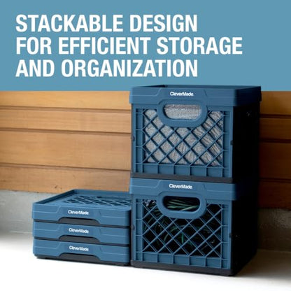 CleverMade Collapsible Milk Crate, 25L, 50 lb, Obsidian | Built-in rails hold letter-size hanging files. Interlocking crates stack open or folded and carry up to 50 lb each.