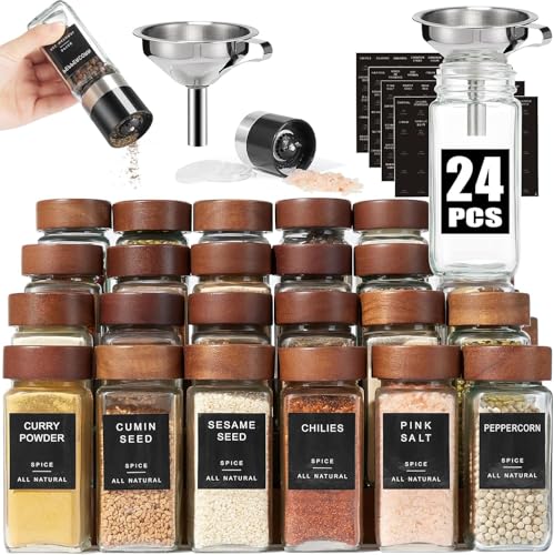 Glass Spice Containers for Kitchen: 24P 4oz Dishwasher Safe Jars
