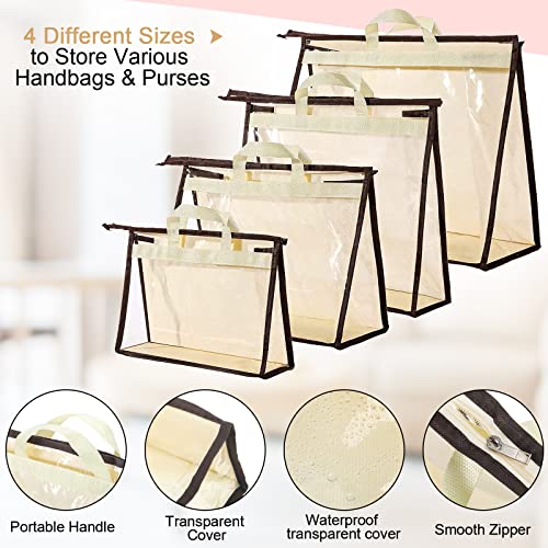 16 Pack Clear Handbag Storage Organizer with 16 Stainless Steel S-Hooks, 4 Assorted Sizes, Anti-Dust Moisture-Proof Purse Storage Bags with Zipper and Handle for Closet Hanging, Wallet Dust Cover Set